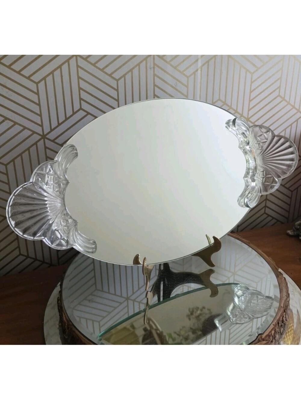 Vintage Hollywood Regency Style Shannon Crystal Mirror Vanity Tray Oval 18”